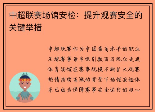 中超联赛场馆安检：提升观赛安全的关键举措