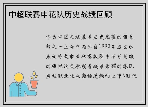 中超联赛申花队历史战绩回顾