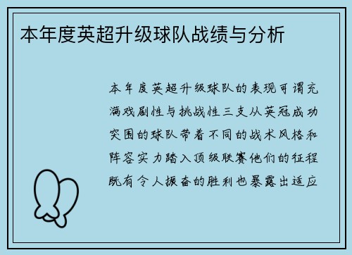 本年度英超升级球队战绩与分析