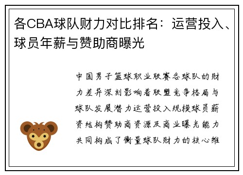 各CBA球队财力对比排名：运营投入、球员年薪与赞助商曝光