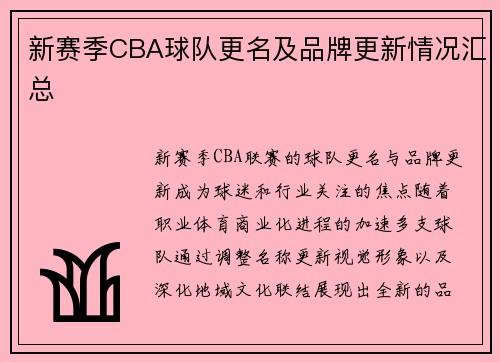新赛季CBA球队更名及品牌更新情况汇总