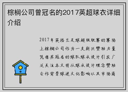 棕榈公司曾冠名的2017英超球衣详细介绍