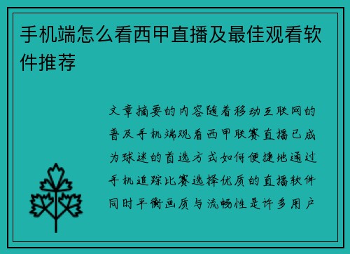手机端怎么看西甲直播及最佳观看软件推荐